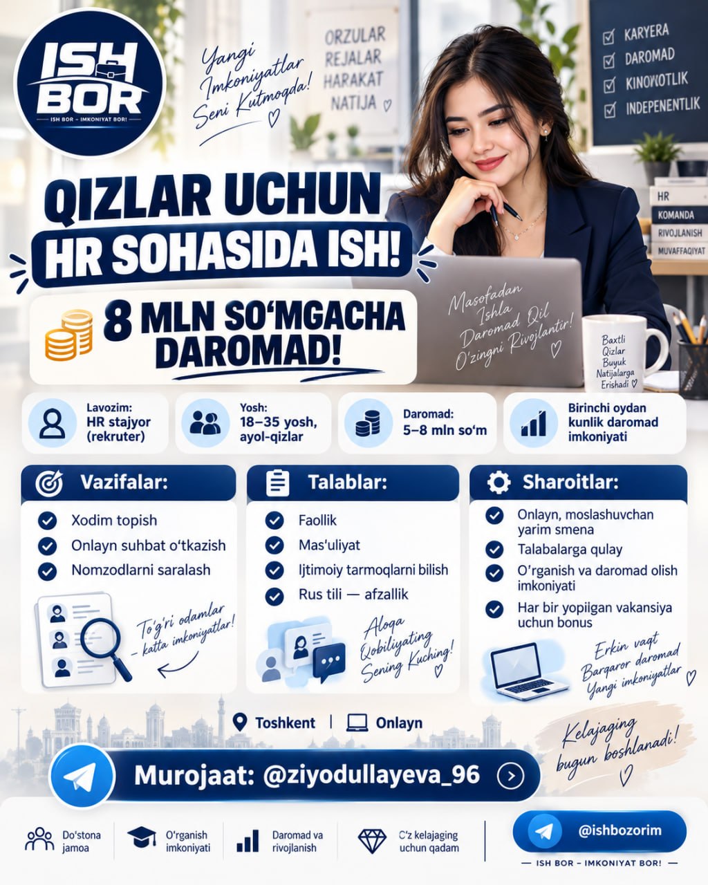 QIZLAR UCHUN HR SOHASIDA ISH SO‘MGACHA DAROMAD