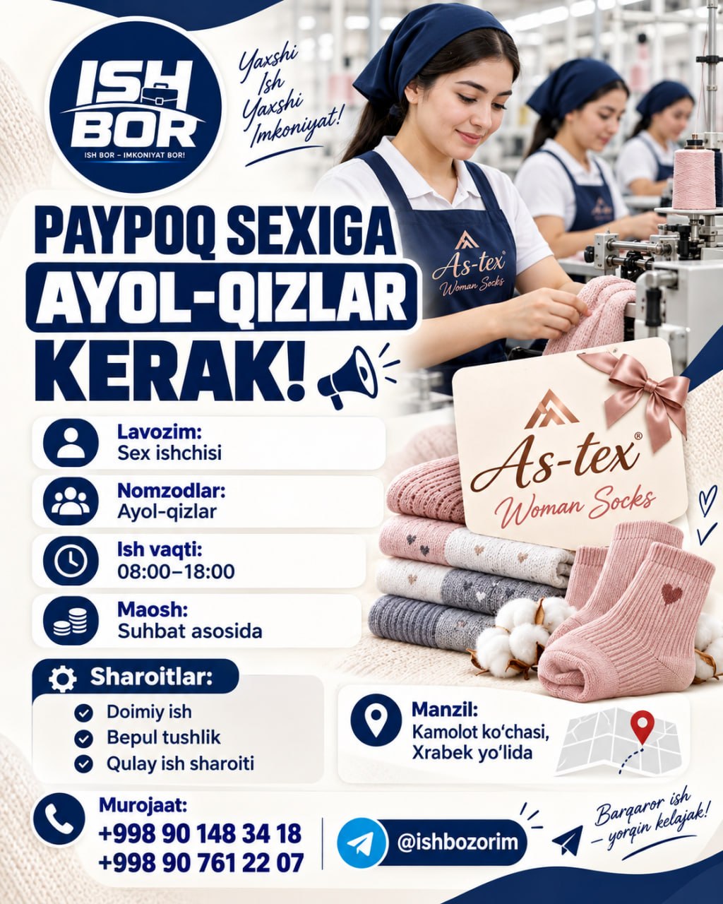 AYOL-QIZLAR UCHUN ISH BOR TUSHLIK BEPUL