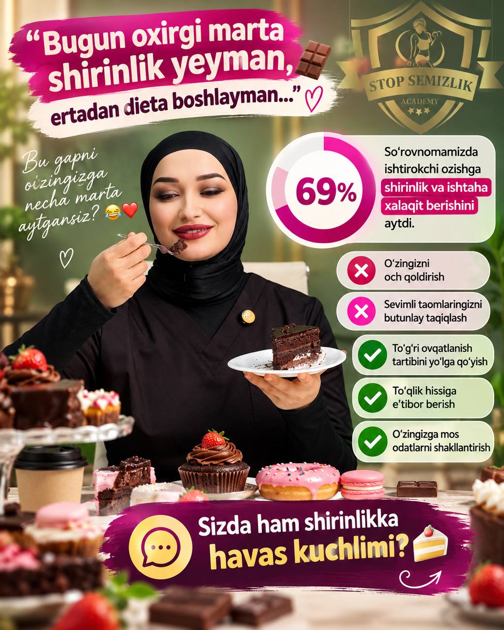 “Bugun oxirgi marta shirinlik yeyman ertadan dieta