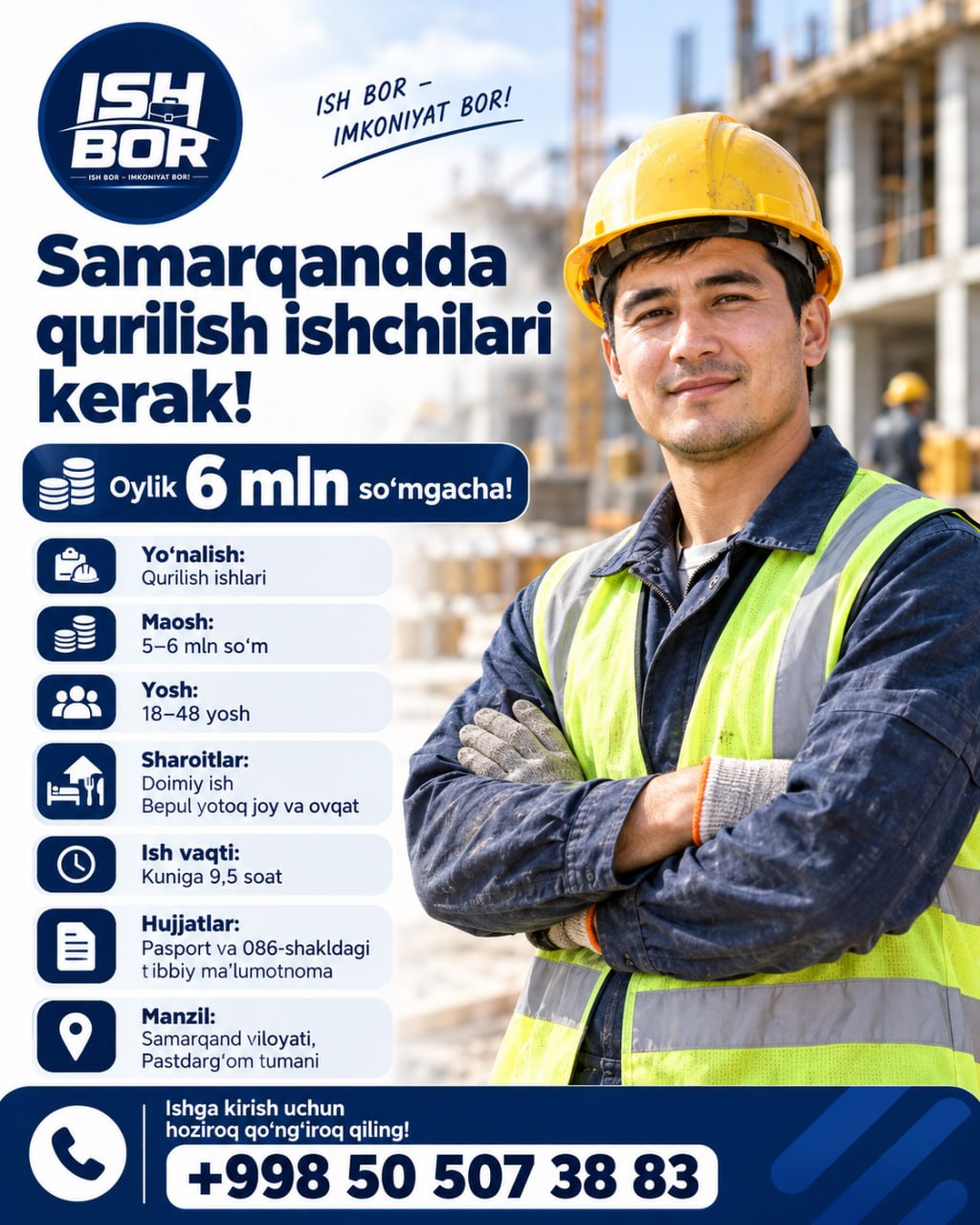 Samarqandda qurilish sohasida ish bor Oylik so‘mgacha