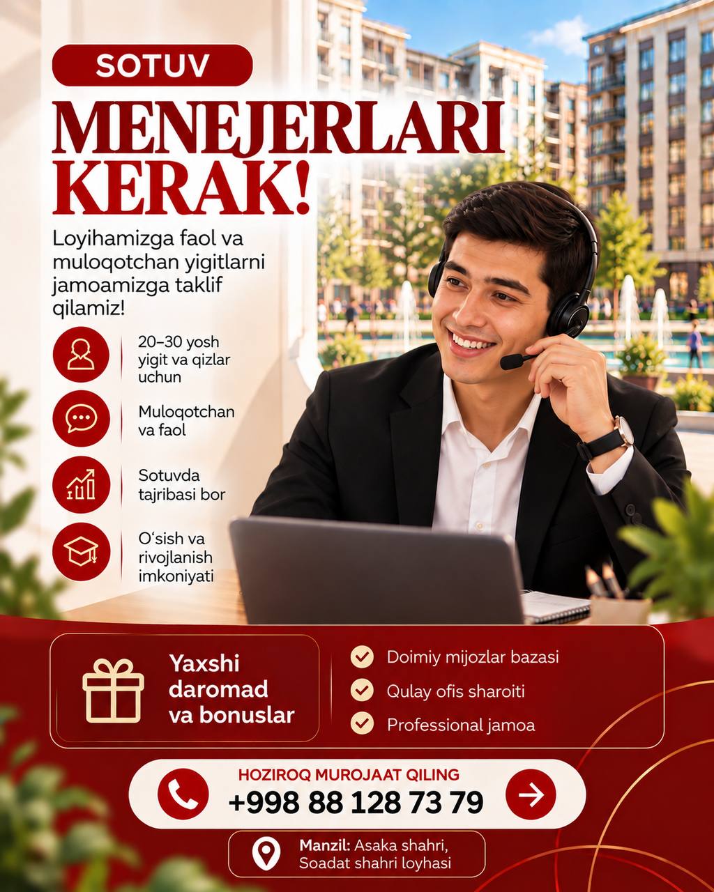 Sotuv menejeri kerak( yigit-qizlar)