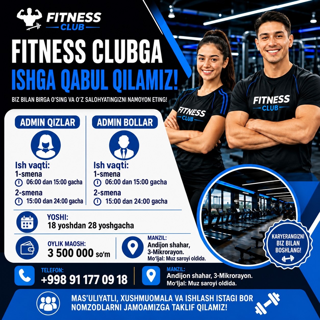 ‍ FITNESS CLUBGA ISHGA QABUL QILAMIZ