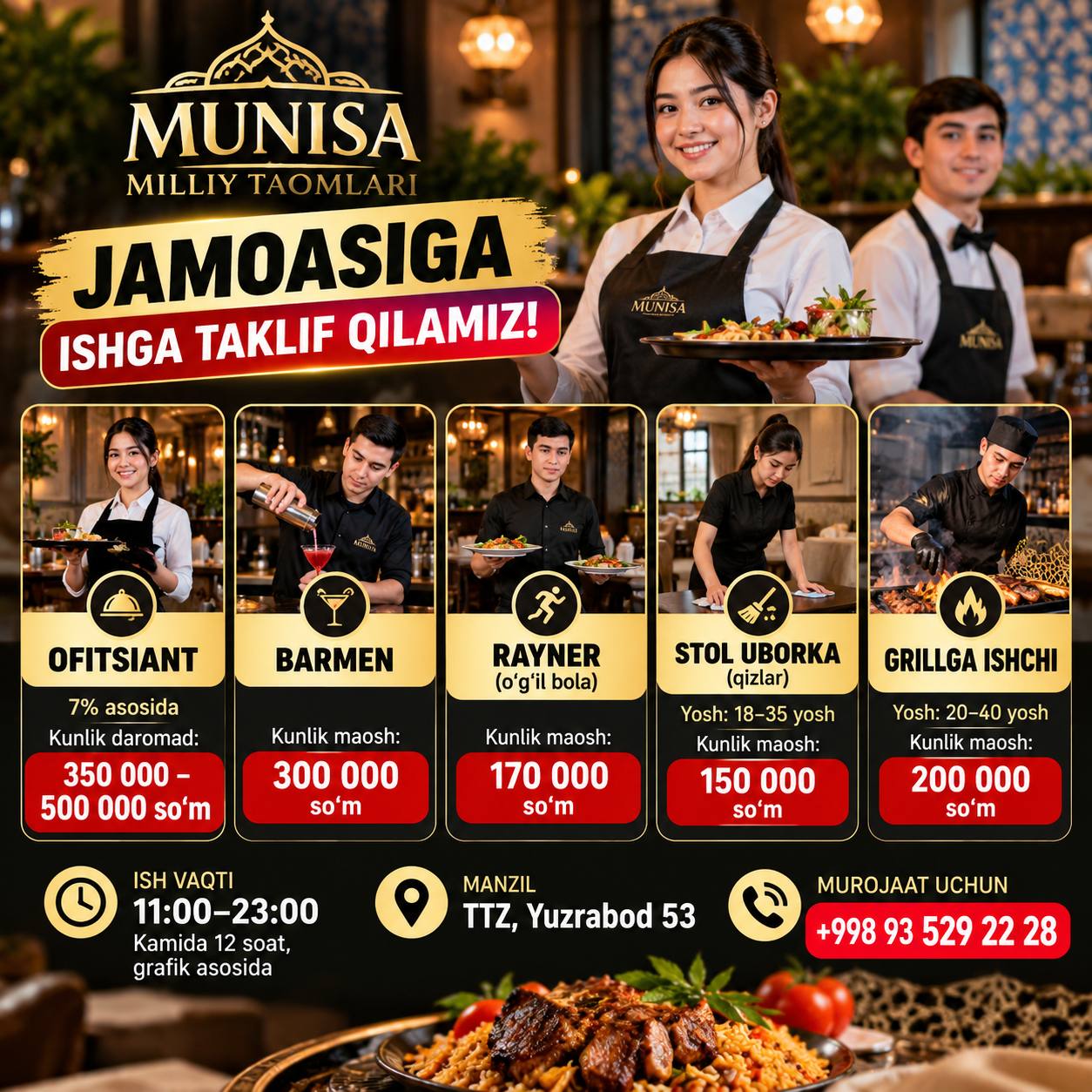 MUNISA MILLIY TAOMLARI JAMOASIGA ISHGA TAKLIF