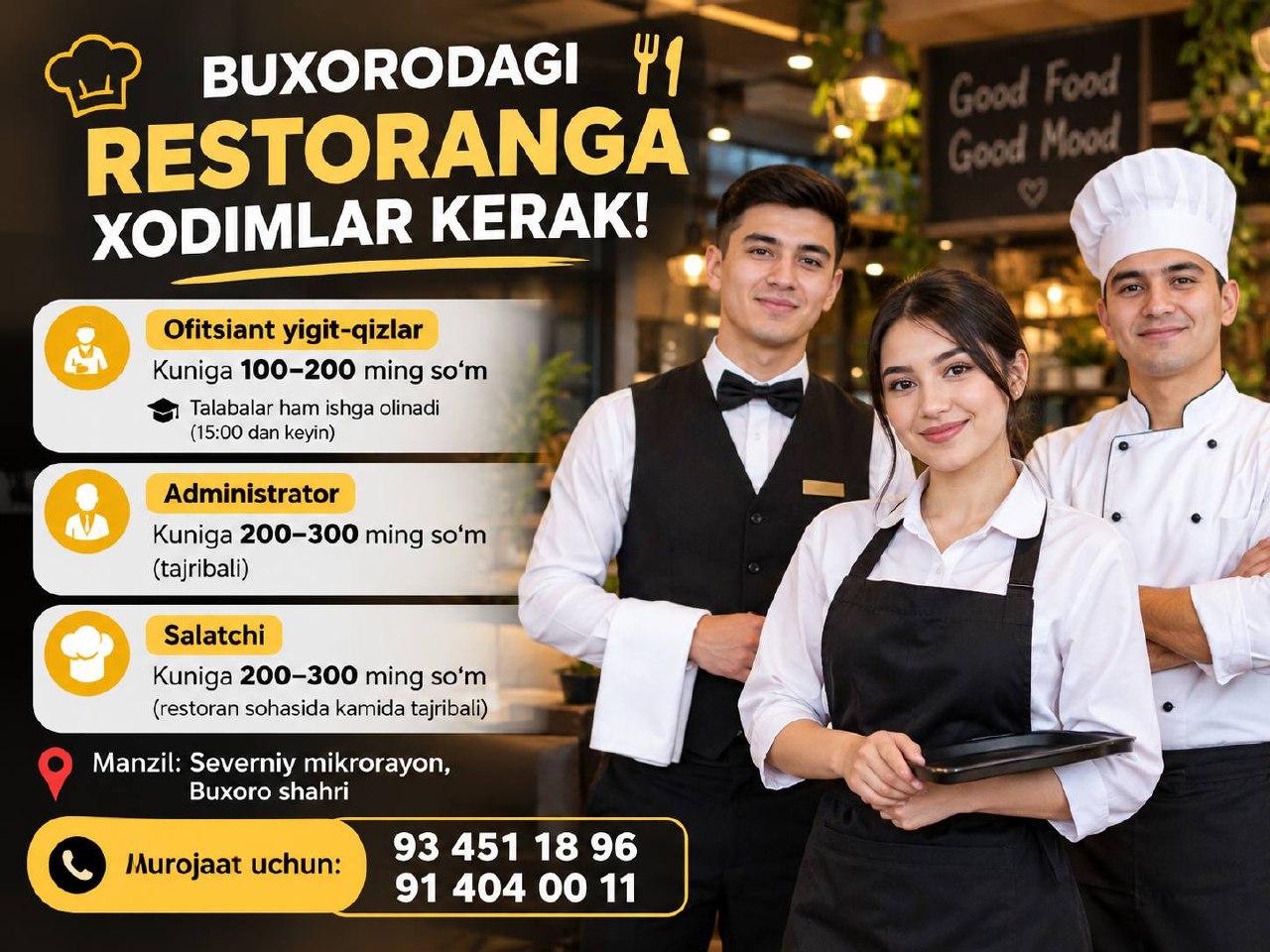 BUXORODAGI RESTORANGA XODIMLAR KERAK